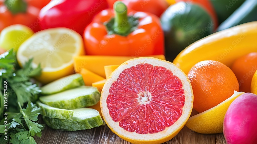 Close-up of vibrant fresh vegetables and fruits on wooden table, symbolizing healthy blood pressure foods, emphasizing natural nutrition and wellness. Close-up of vibrant fresh vegetables and fruits on wooden table, symbolizing healthy blood pressure foods, emphasizing natural nutrition and wellness.