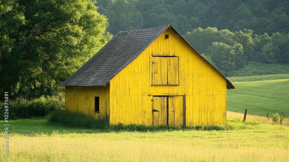 Obraz premium A rustic wooden barn painted yellow, surrounded by green fields and a peaceful countryside setting.