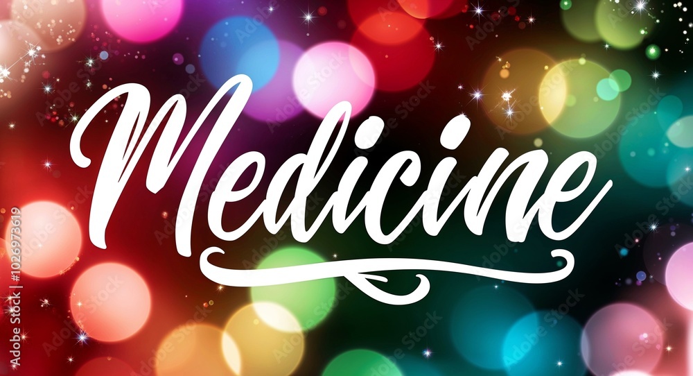 Medicine calligraphic lettering on colorful bokeh glitter festive sparkles background Medicine calligraphic lettering on colorful bokeh glitter festive sparkles background
