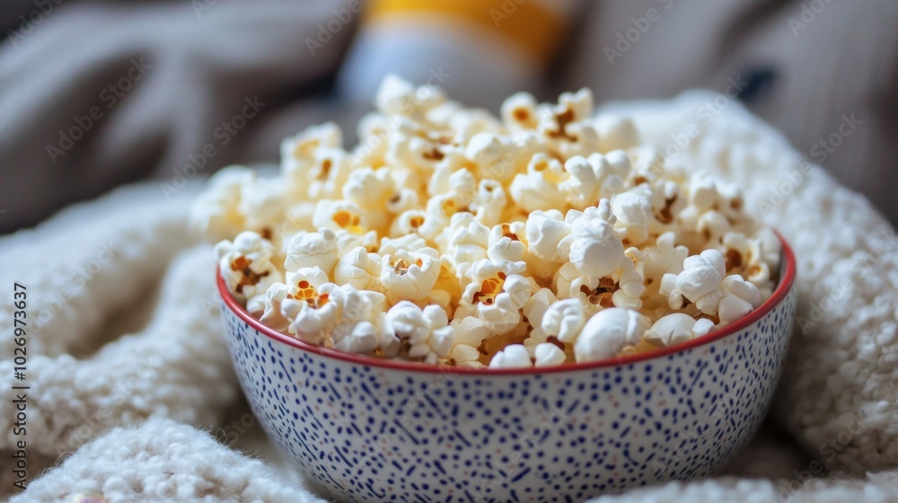 Fresh Popcorn Bowl on Cozy Blanket Fresh Popcorn Bowl on Cozy Blanket