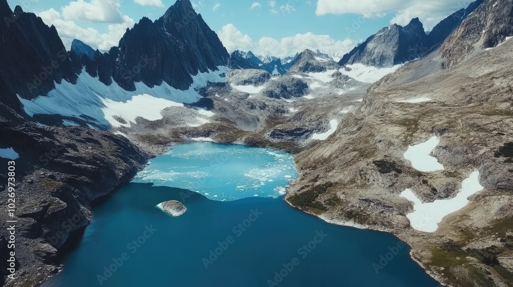 A scenic aerial view of a blue glacier melting into a lake, surrounded by jagged mountain peaks and snowy landscapes. A scenic aerial view of a blue glacier melting into a lake, surrounded by jagged mountain peaks and snowy landscapes.