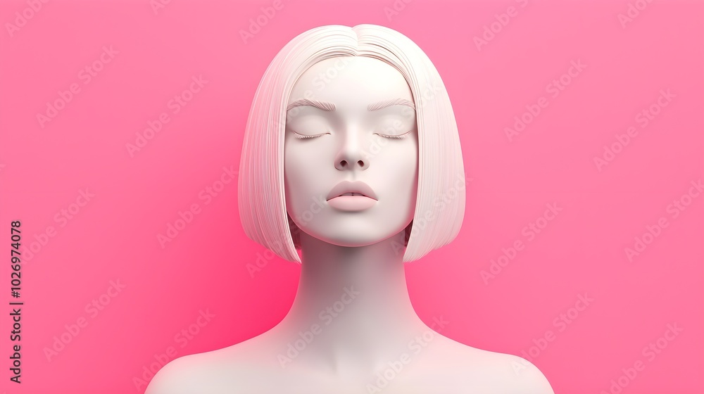 Minimalist mannequin with closed eyes against pink backdrop Minimalist mannequin with closed eyes against pink backdrop