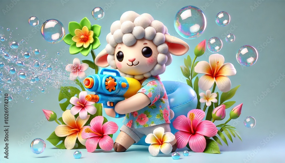 Naklejka premium Little sheep are having fun playing with water guns