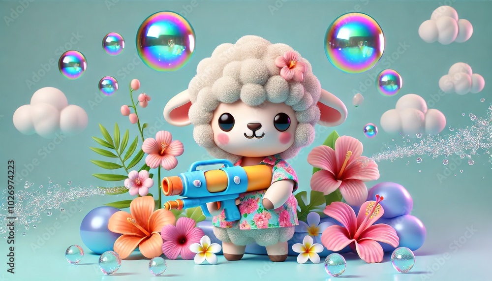 Little sheep are having fun playing with water guns Little sheep are having fun playing with water guns