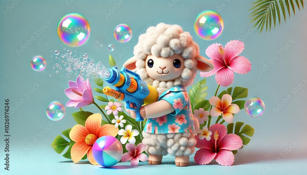 Little sheep are having fun playing with water guns Little sheep are having fun playing with water guns