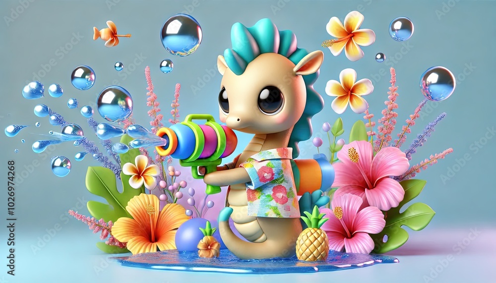 Little seahorse is having fun playing with a water gun Little seahorse is having fun playing with a water gun