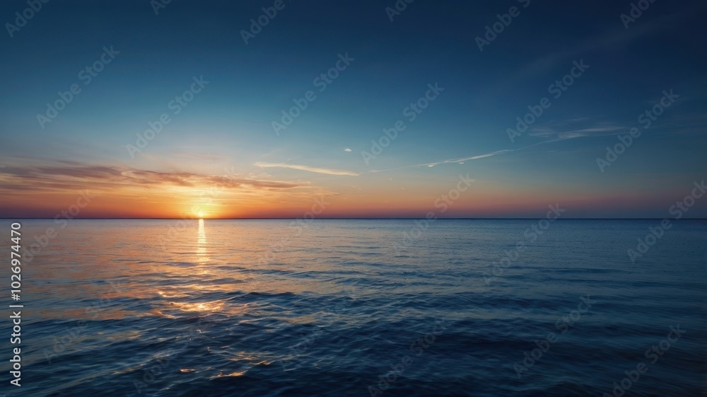 Obraz premium A breathtaking view of mountain ranges at sunset, with layers of blue hues and a warm orange sky. Silhouettes of mountains against a vibrant sunset sky