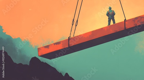 Construction Worker Suspended on a Beam Against a Colorful Sky photo