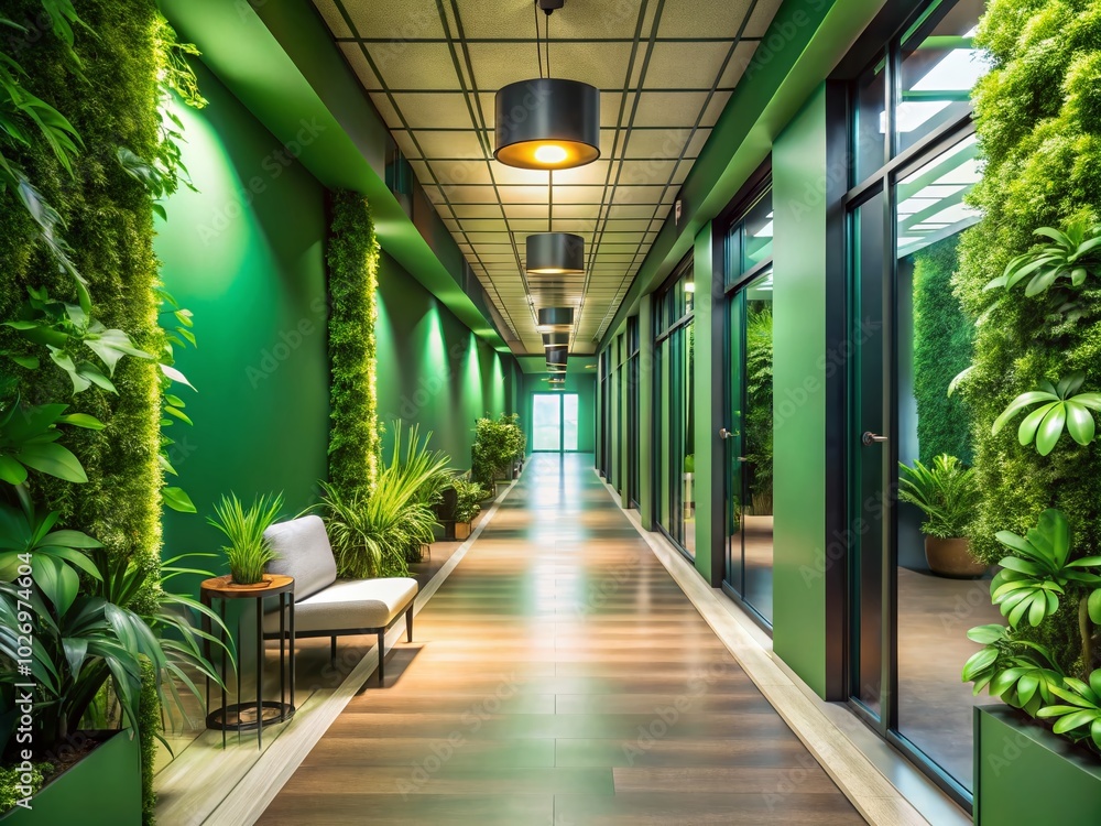 Modern Corridor with Lush Green Walls and Natural Light for Interior Design Inspiration Modern Corridor with Lush Green Walls and Natural Light for Interior Design Inspiration