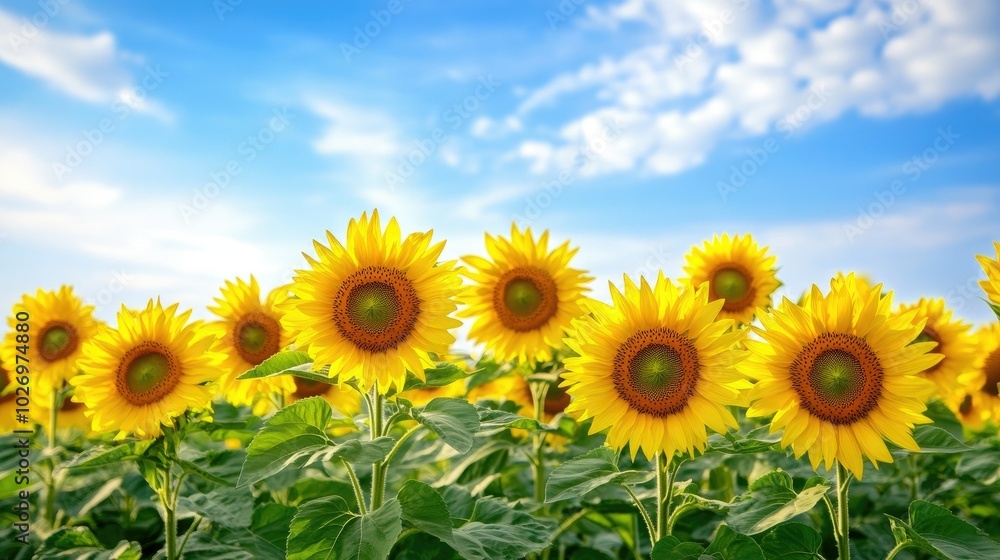 A scenic sunflower field in full bloom, with the golden flowers standing tall against the blue sky. A scenic sunflower field in full bloom, with the golden flowers standing tall against the blue sky.