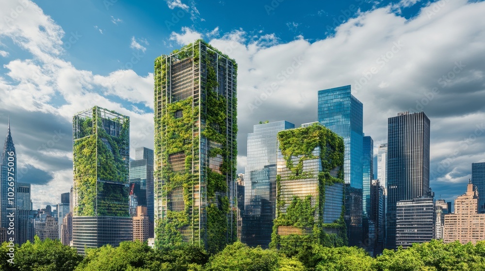 Obraz premium Lush Green Skyscrapers in Urban Landscape