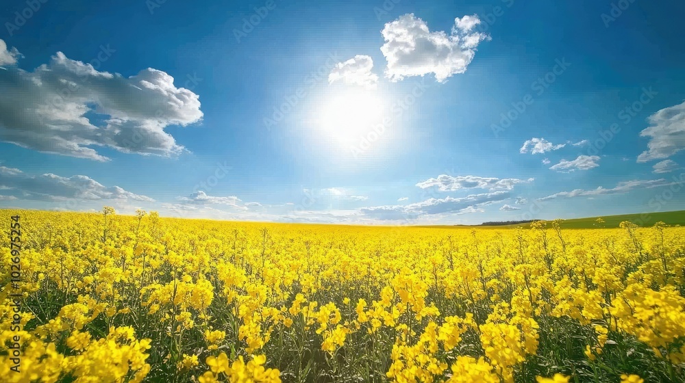 A scenic view of a field of yellow canola flowers stretching as far as the eye can see, under a bright blue sky. A scenic view of a field of yellow canola flowers stretching as far as the eye can see, under a bright blue sky.