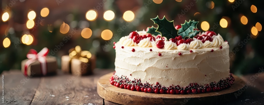 Festive Christmas cake with holly and red berries on a wooden table, with holiday lights and gift boxes in the background. Festive Christmas cake with holly and red berries on a wooden table, with holiday lights and gift boxes in the background.