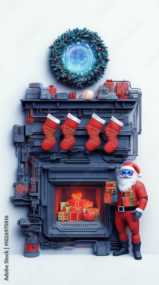 Fototapeta premium Futuristic Christmas Fireplace with Santa Claus.