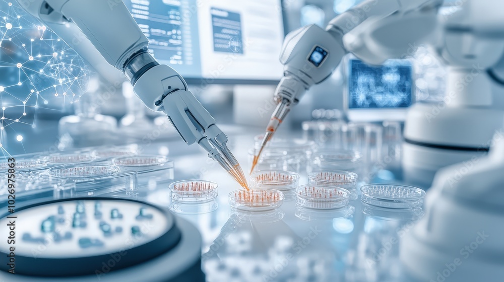 Fototapeta premium Robotic Arm Dispensing Liquid into Petri Dishes in a Laboratory.