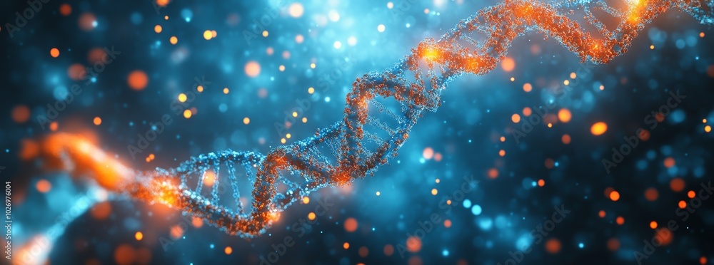 Abstract 3D rendering of a DNA strand with a blue and orange color scheme against a dark background with bokeh.