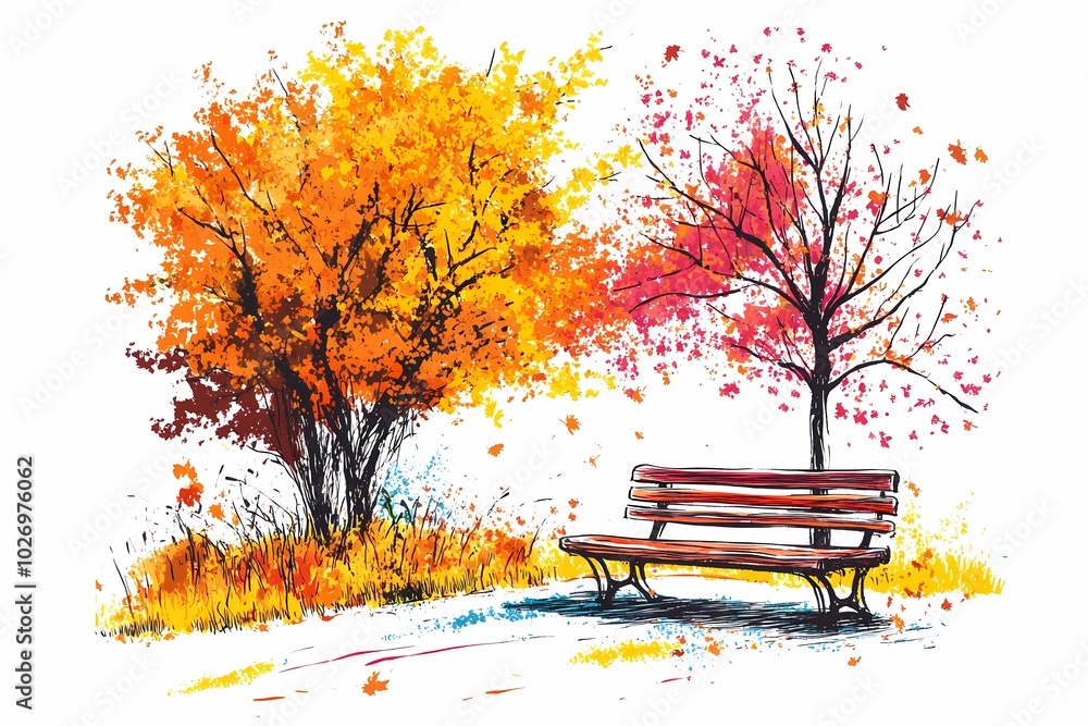 Obraz premium A rustic park bench covered in golden leaves, set in a tranquil autumn park, ideal for cozy and serene landscape visuals.