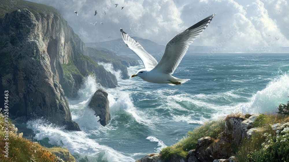 A seagull flying over a coastal cliffside, with waves crashing against the rocks far below A seagull flying over a coastal cliffside, with waves crashing against the rocks far below