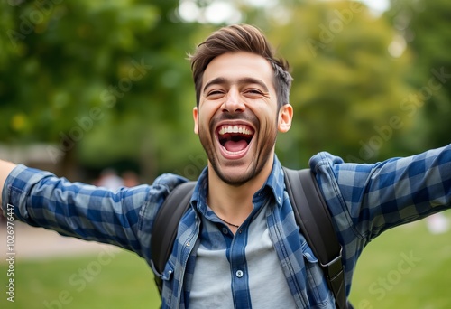 Excited French man beaming with joy and happiness exuding positi photo