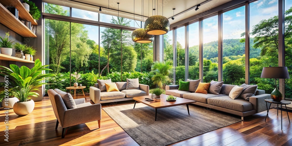 Modern Living Room with Lush Greenery and Abundant Natural Light in Panoramic View Modern Living Room with Lush Greenery and Abundant Natural Light in Panoramic View