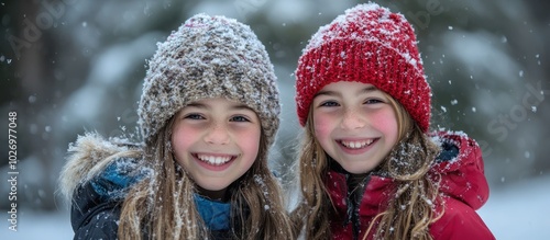 Two young girls in winter clothing smile at the camera while standing in the snow.