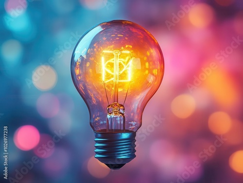 colorful glowing lightbulb representing creative ideas, set against a clean white background, symbolizing innovation, brainstorming, and bright thinking