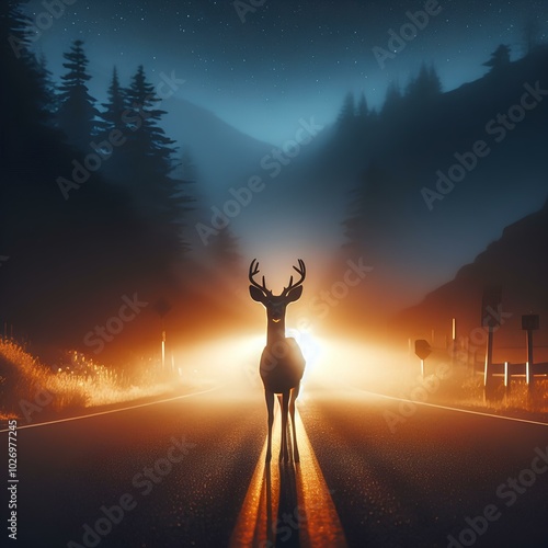 Deer standing on a road at night illuminated by car headlights, creating a sense of danger and tension. Concept of wildlife, urban intrusion, and nighttime hazards.