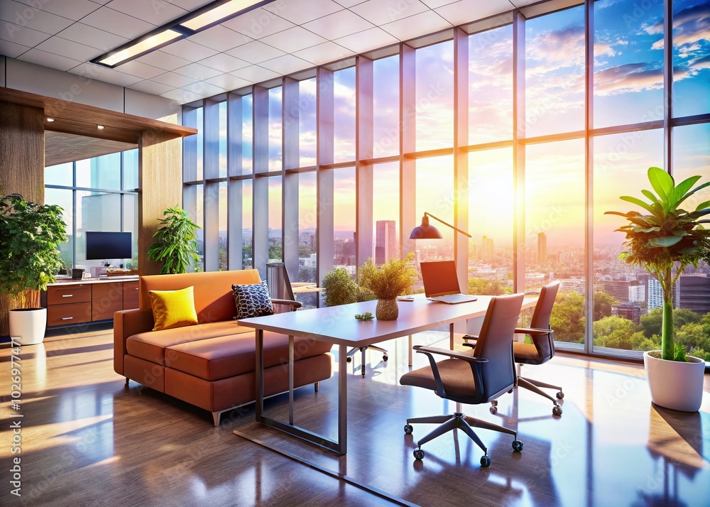 Modern Office Interior with Panoramic Windows - Bright and Spacious Workspace Design Modern Office Interior with Panoramic Windows - Bright and Spacious Workspace Design