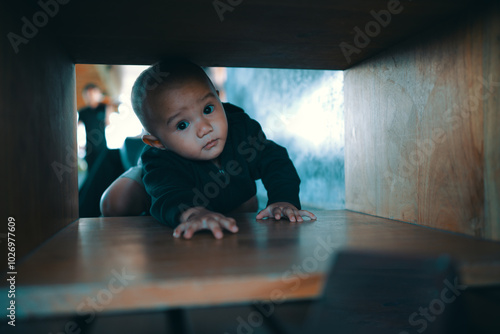 Billede på lærred A small baby crawls playfully under furniture, showcasing curiosity and explorat