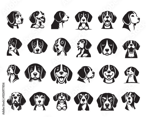 Collection of Beagle Dog Face vector illustration - Beagle Dog clipart Design in black and white
