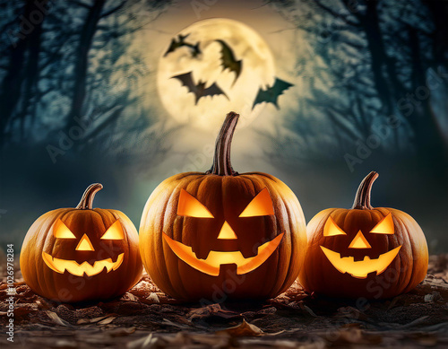 Three carved pumpkins with glowing faces are placed on a forest floor, illuminated by a full moon in a dark, misty sky with bats flying around. created using AI