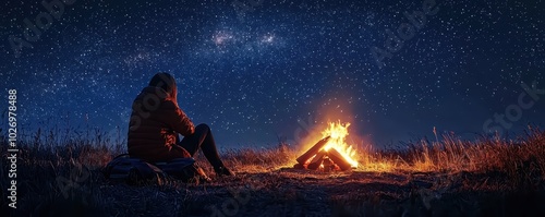 Person sitting by campfire under a starry sky in a serene outdoor setting, showcasing peace and tranquility in nature at night.