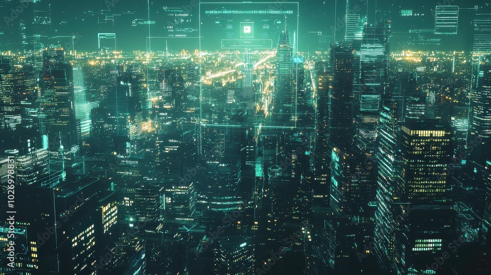 A futuristic cityscape at night with glowing lights and high-rise buildings, showcasing a blend of technology and urban architecture. A futuristic cityscape at night with glowing lights and high-rise buildings, showcasing a blend of technology and urban architecture.