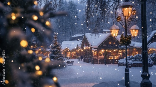 A snow-covered village at dusk, with glowing street lamps and Christmas decorations lighting up the night