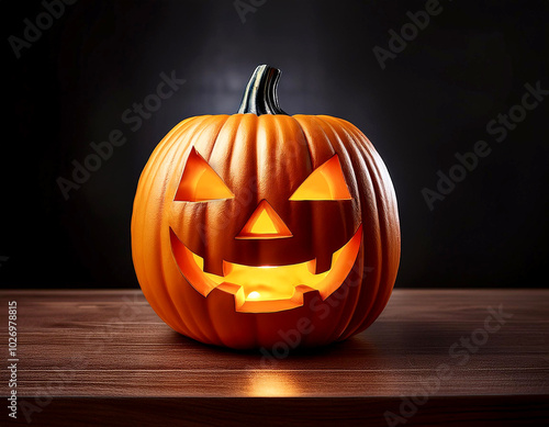 Jack-o'-lantern sits on a wooden table against a dark background. The pumpkin is illuminated from within, casting a warm glow and creating a spooky, atmospheric effect. created using generative AI