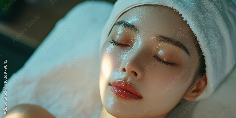 A beautiful Asian woman with closed eyes and a white towel on her head is lying down in the beauty salon, generative AI A beautiful Asian woman with closed eyes and a white towel on her head is lying down in the beauty salon, generative AI