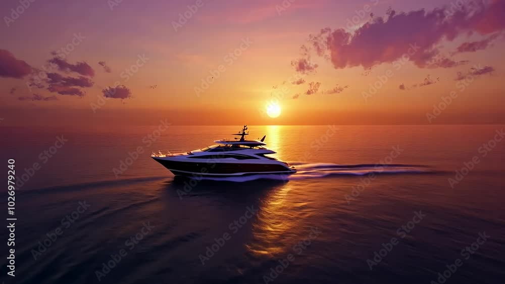 A yacht sails on the calm waters of the ocean during a beautiful sunset. The sun is setting in the distance, casting a golden glow on the water. A yacht sails on the calm waters of the ocean during a beautiful sunset. The sun is setting in the distance, casting a golden glow on the water.