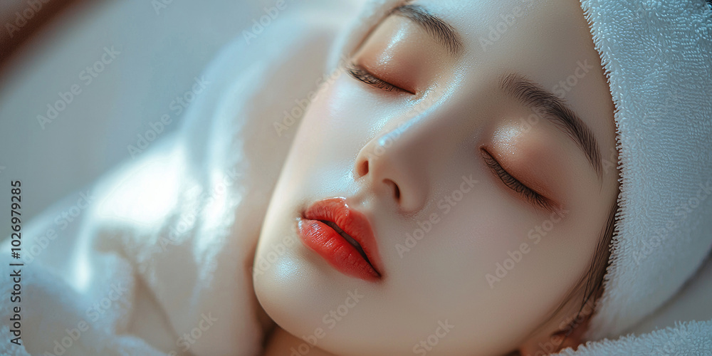A beautiful Asian woman with closed eyes and a white towel on her head is lying down in the beauty salon, generative AI A beautiful Asian woman with closed eyes and a white towel on her head is lying down in the beauty salon, generative AI