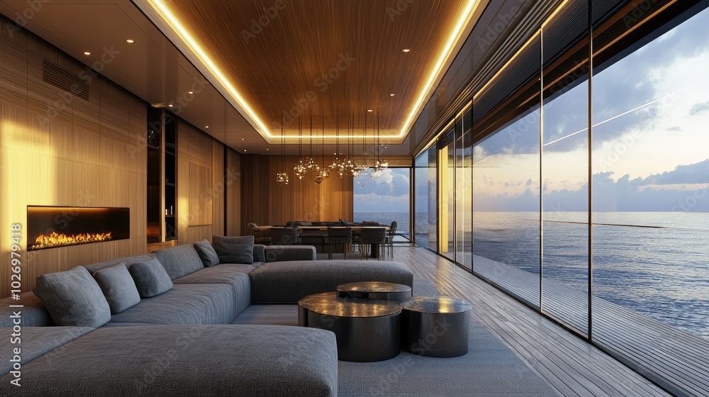 Fototapeta premium A spacious modern living room with a grey sofa and oak slat wood panel wall, featuring floor-to-ceiling windows and soft, hanging lights.