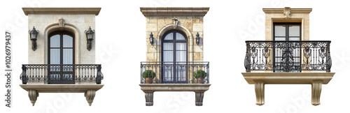 Elegant Balconies with Decorative Rails and Plants Isolated on Transparent Background