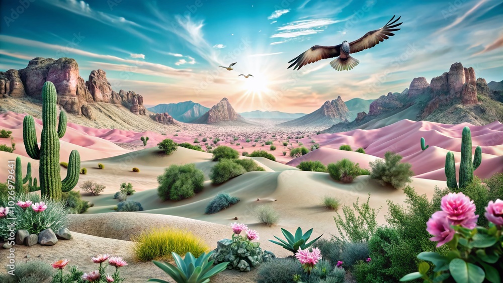 Fototapeta premium Morning Desert Landscape with Mountain Canyons and Pink Dunes - HDR Illustration for Nature Lovers