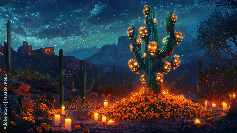 Obraz premium Enchanting desert night scene featuring a cactus adorned with glowing pumpkin lanterns, surrounded by candles and vibrant marigold flowers.