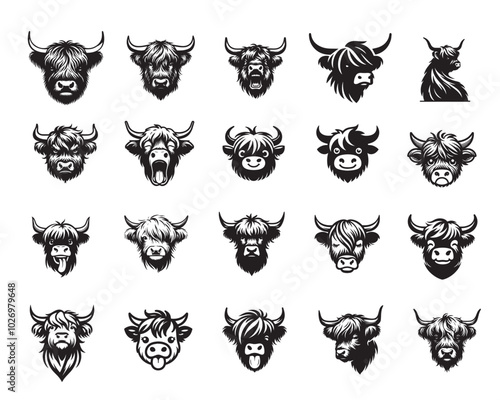 Set of Highland Cow face Vector illustration in black and white, Cattle Silhouette Design, Highlands Head Logo Design