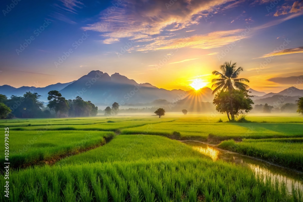 Obraz premium Morning sunlight gently illuminates tranquil rice fields in rural Thailand, capturing breathtaking landscapes that showcase the serene beauty of