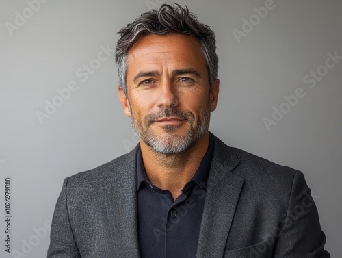 confident middle-aged businessman standing against a plain white background, exuding leadership qualities and authority in a professional portrait, showcasing success and determination