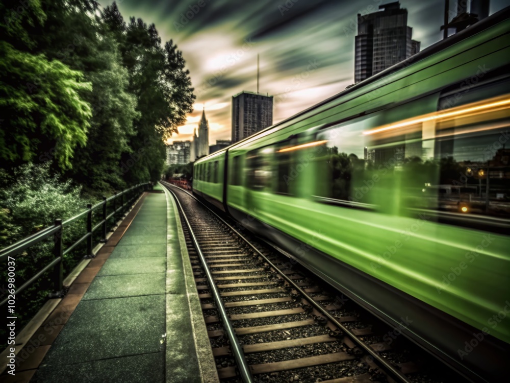 Motion Time Lapse of Unmanned Train Journey Through City Landmarks in Silhouette Photography Motion Time Lapse of Unmanned Train Journey Through City Landmarks in Silhouette Photography