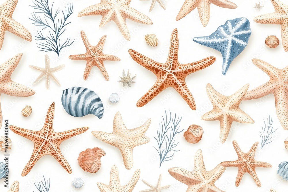 Watercolor seamless pattern of starfish, isolate on white background. Watercolor seamless pattern of starfish, isolate on white background.