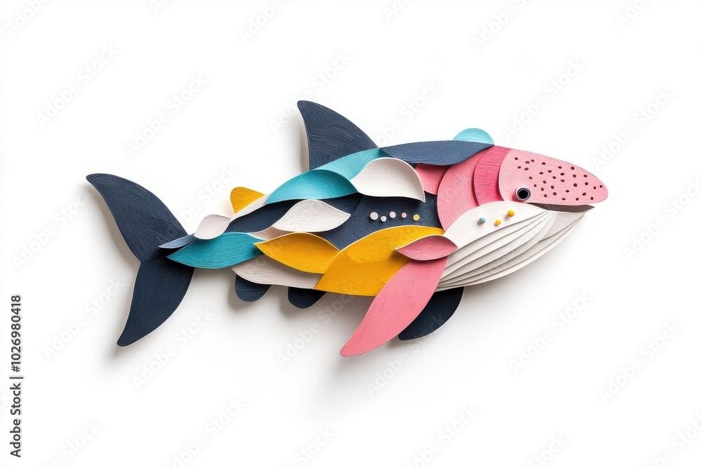 A multicolored paper art whale shark, isolate on white background, highlighting creative textures and vibrant hues. A multicolored paper art whale shark, isolate on white background, highlighting creative textures and vibrant hues.