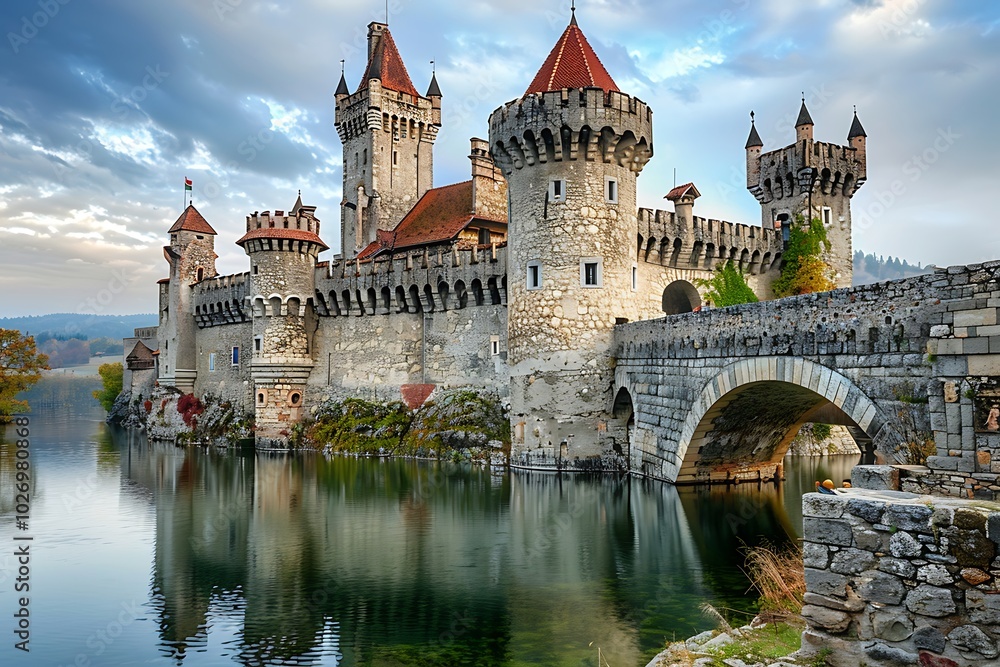 Fototapeta premium Historic castle with a bridge over water