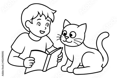 Coloring book page, boy and cat reading book together stock vector illustration